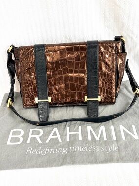 Vintage Brahmin Brown Copper Metallic Croc-Embossed Leather Shoulder Bag *Rare